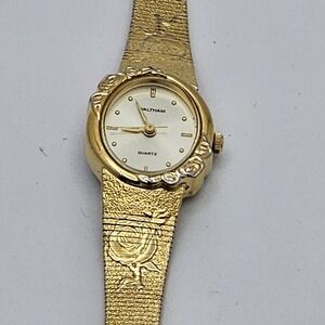 Vintage Waltham Watch Women Quartz Gold Tone Bezel Dainty 1980's Rose Design